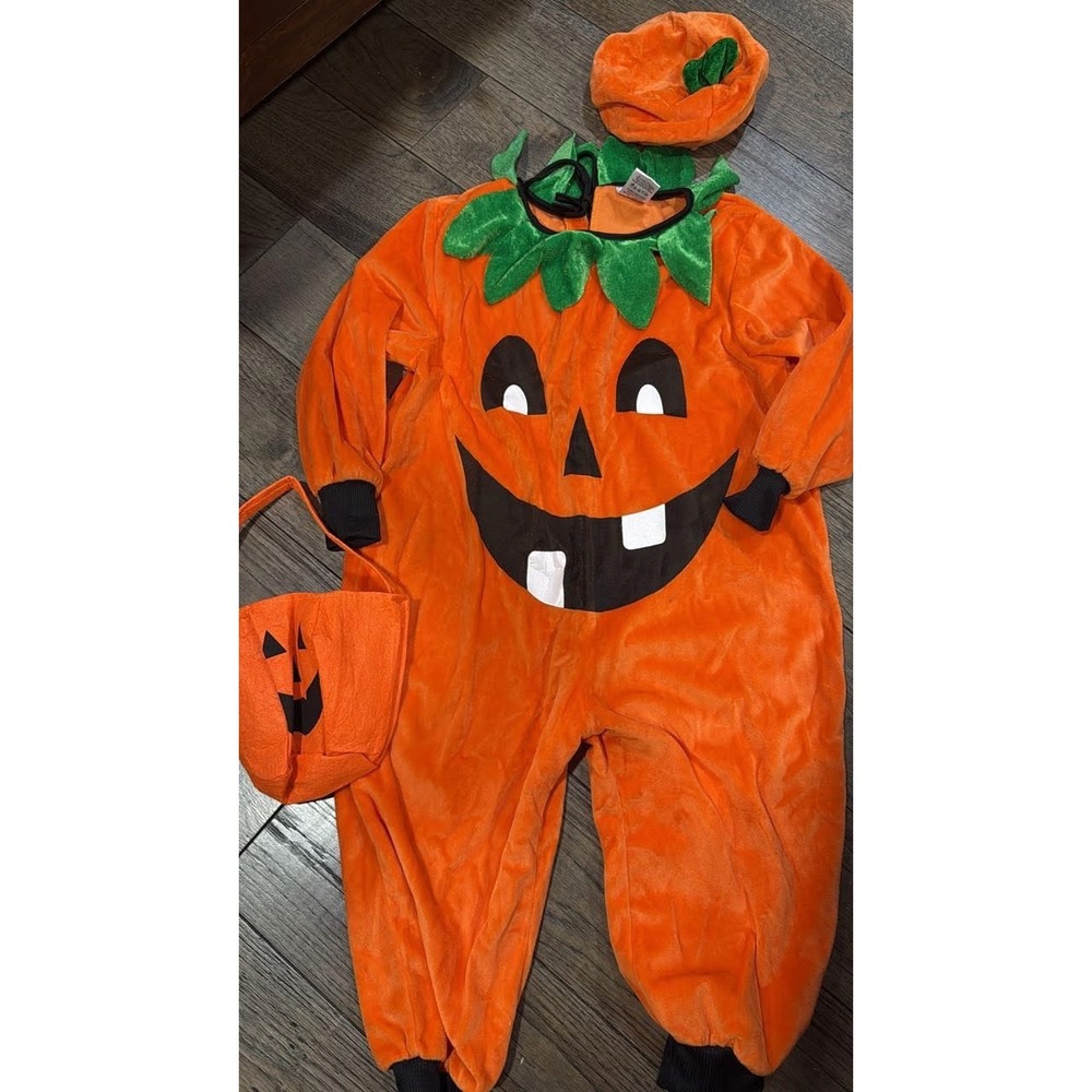 Kids Pumpkin Jack O Lantern Halloween Costume Set Jumpsuit Hat Bag Orange Plush
